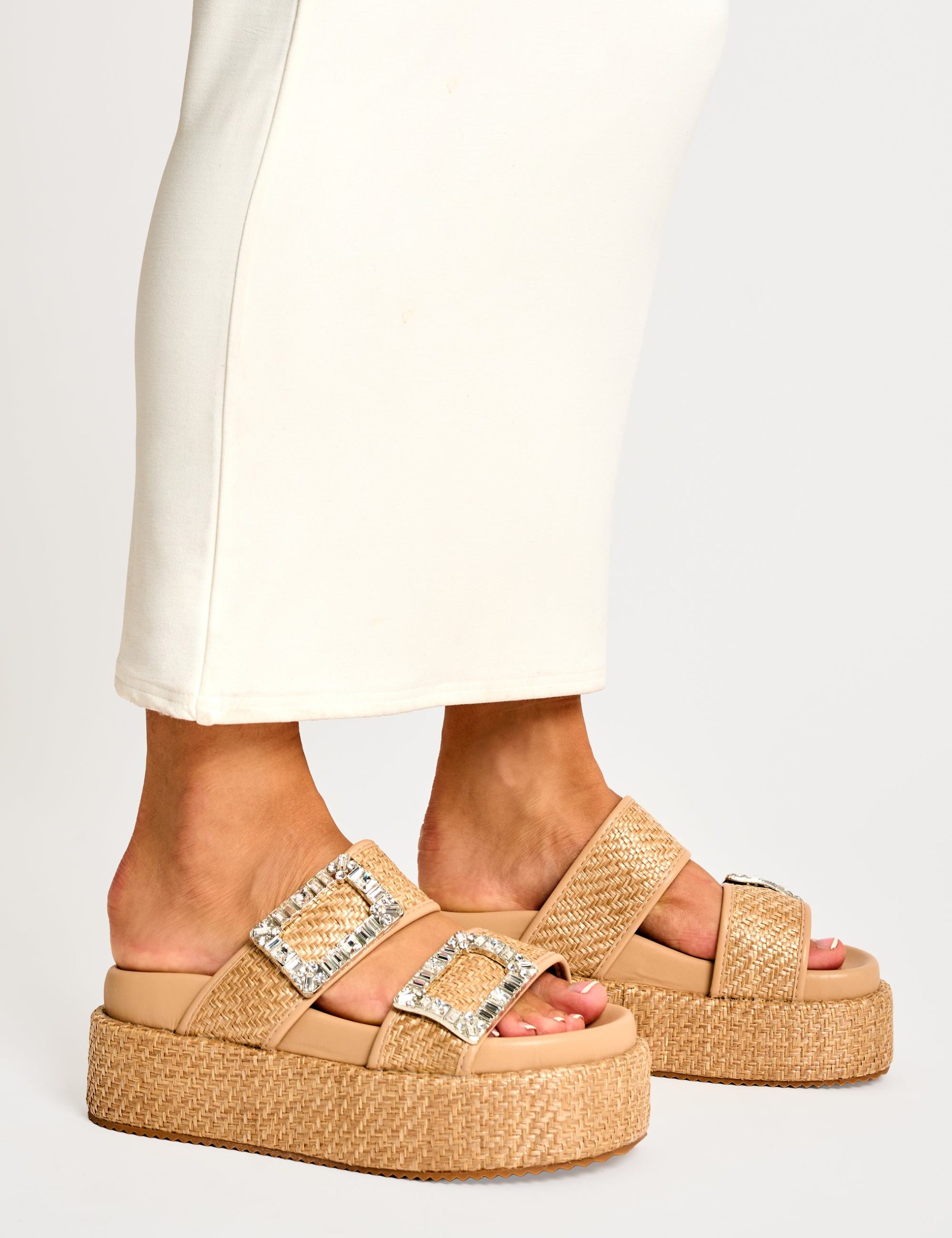 Bettie Natural Rattan Diamante Buckle Detail Flatform Slider Sandals - Image 6