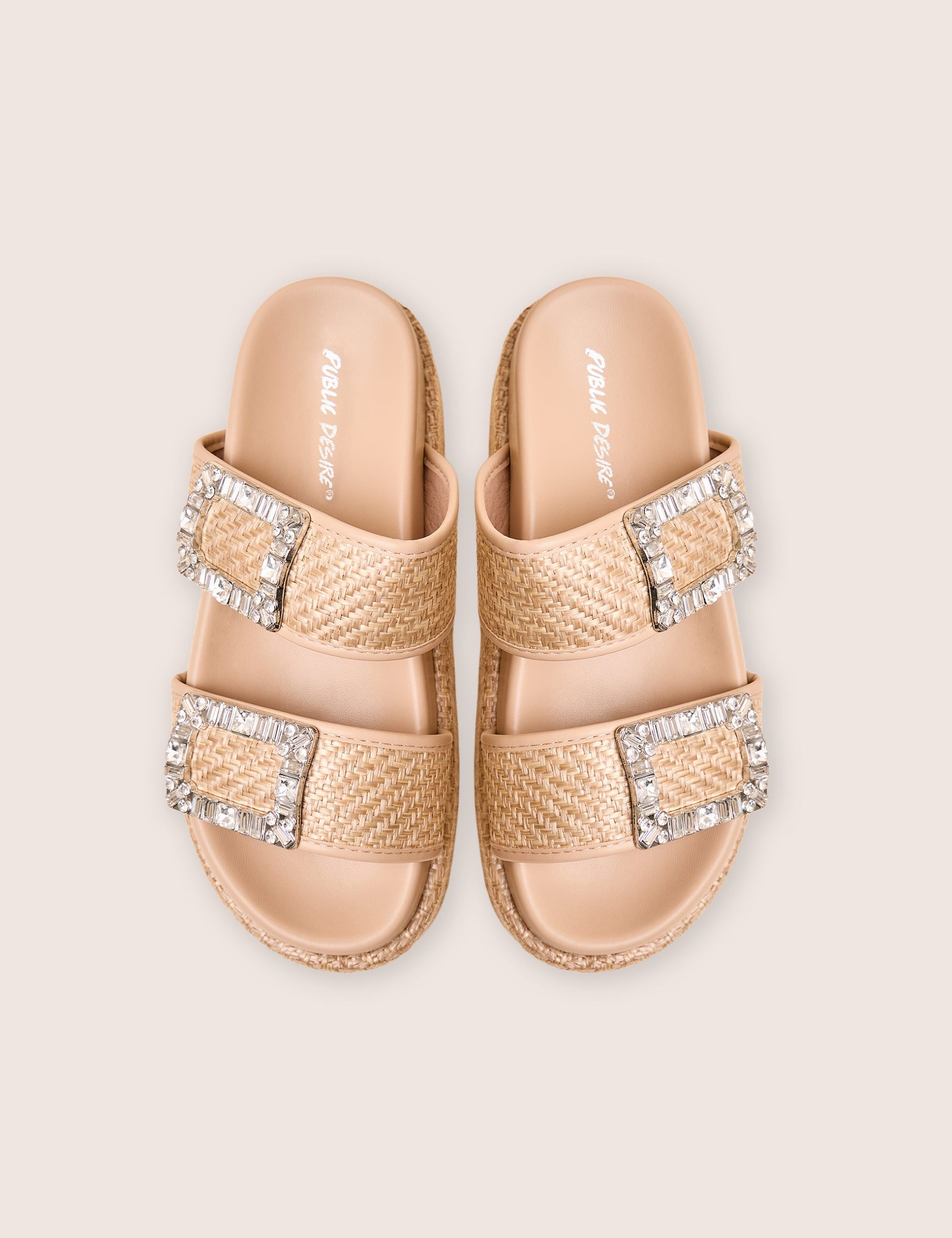 Bettie Natural Rattan Diamante Buckle Detail Flatform Slider Sandals - Image 2