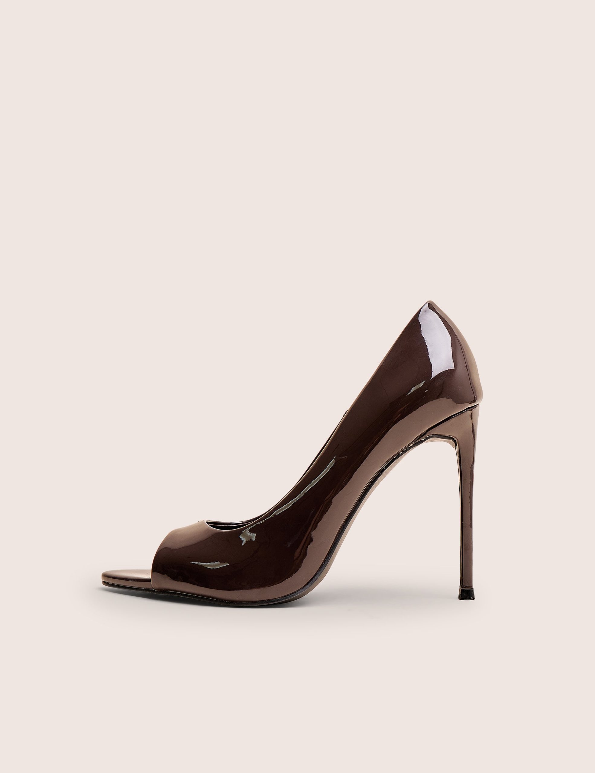 Complicated Brown Patent Peep Toe Court Shoes