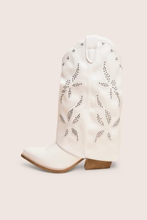 Dixie White Fold Over Studded Western Ankle Boots