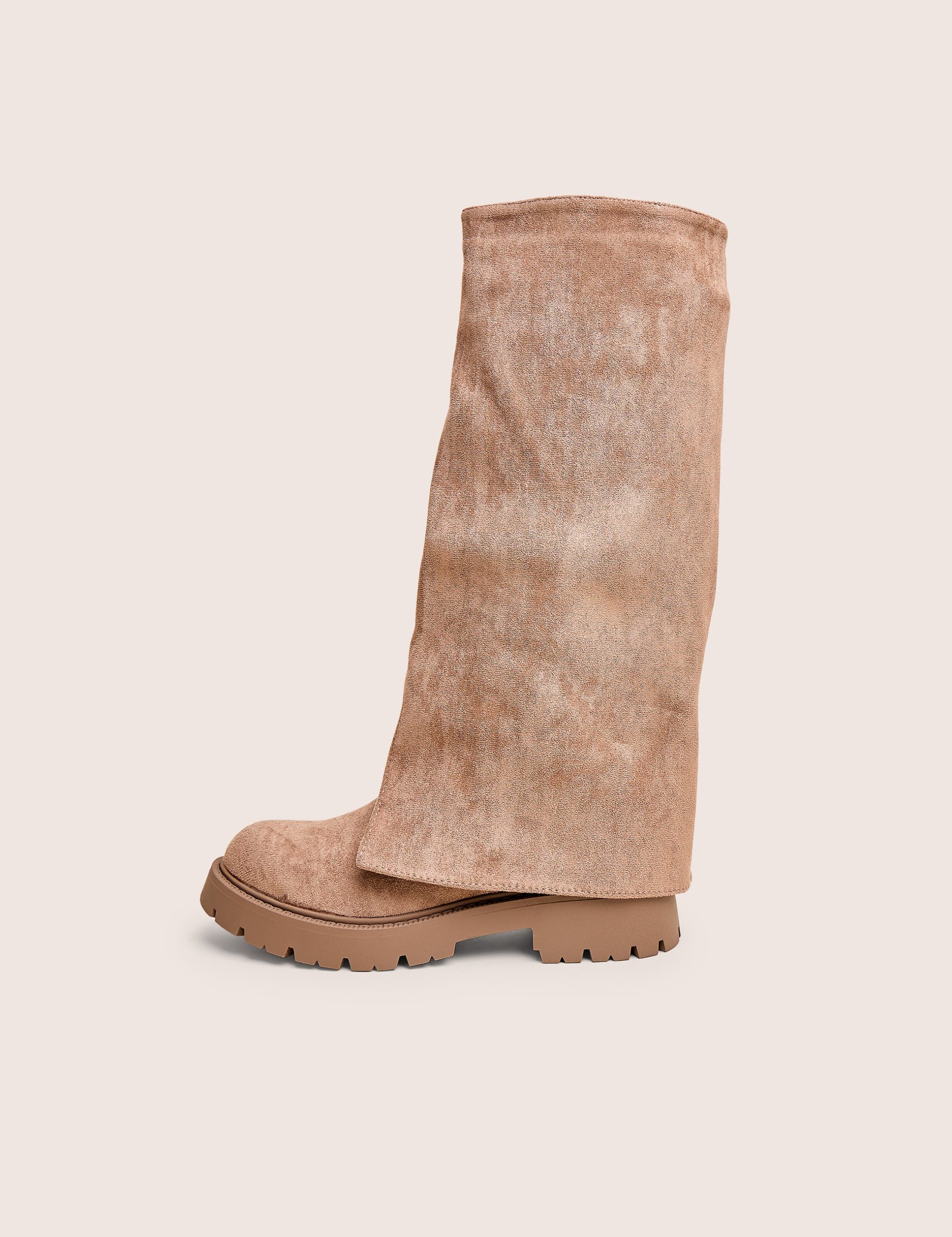 Dusty Beige Chunky Sole Faux Suede Fold Over Boots
