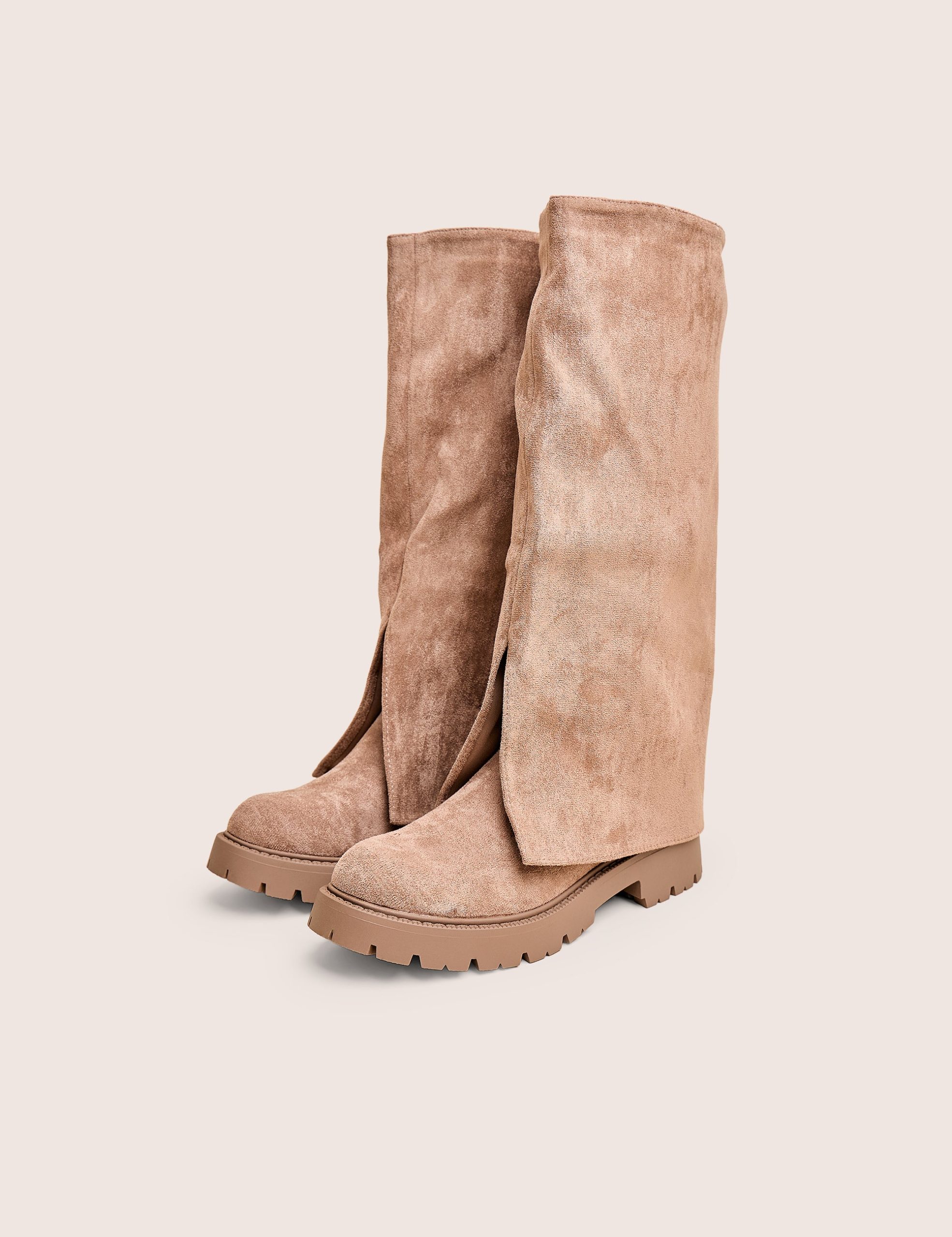 Dusty Beige Chunky Sole Faux Suede Fold Over Boots - Image 2