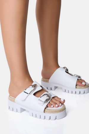 Equinox White Chunky Jute Detail Buckle Flatform Sandals