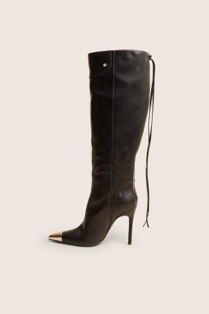 Finest Black Toe Cap Detail Pointed Knee High Boots