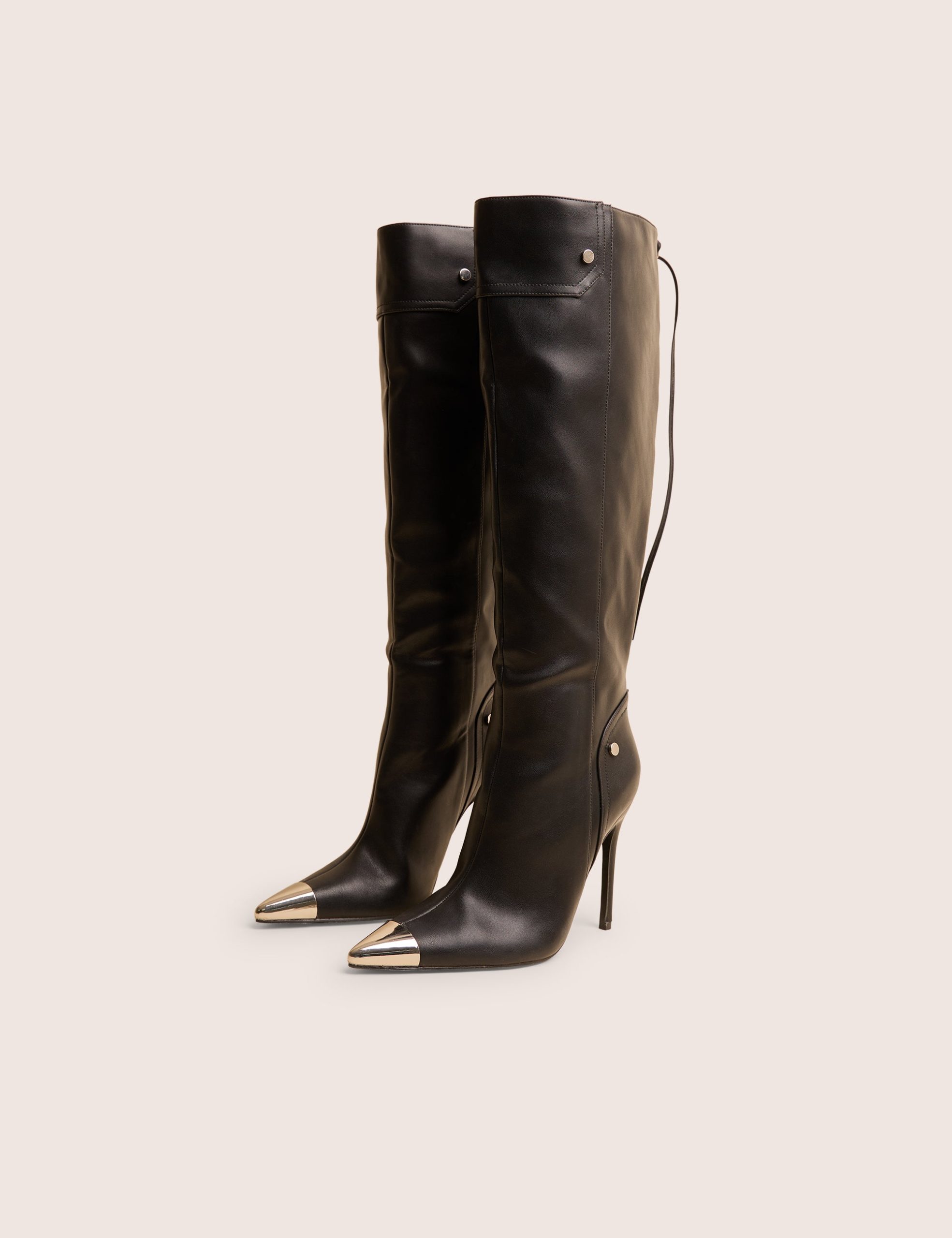 Finest Black Toe Cap Detail Pointed Knee High Boots - Image 3