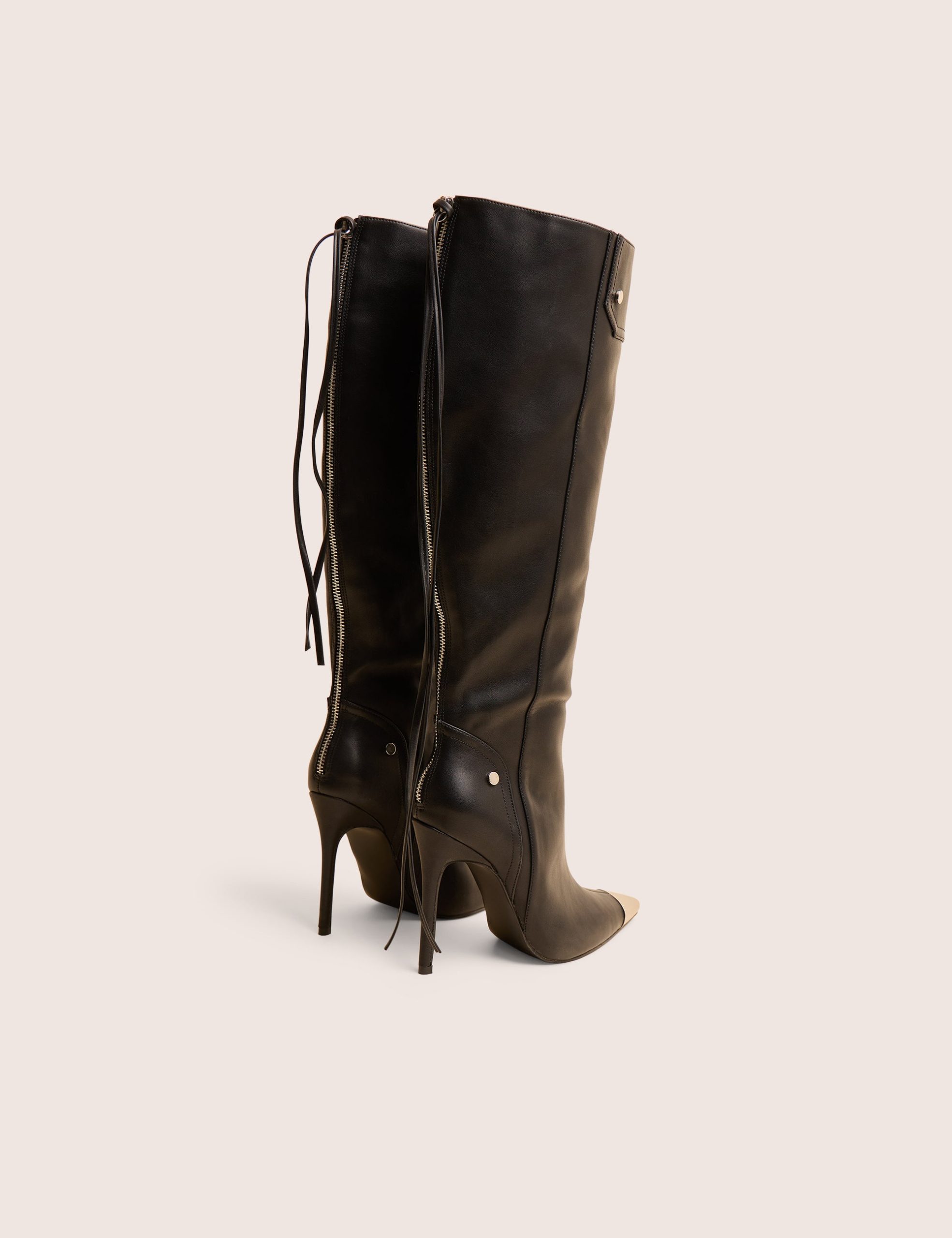 Finest Black Toe Cap Detail Pointed Knee High Boots - Image 4