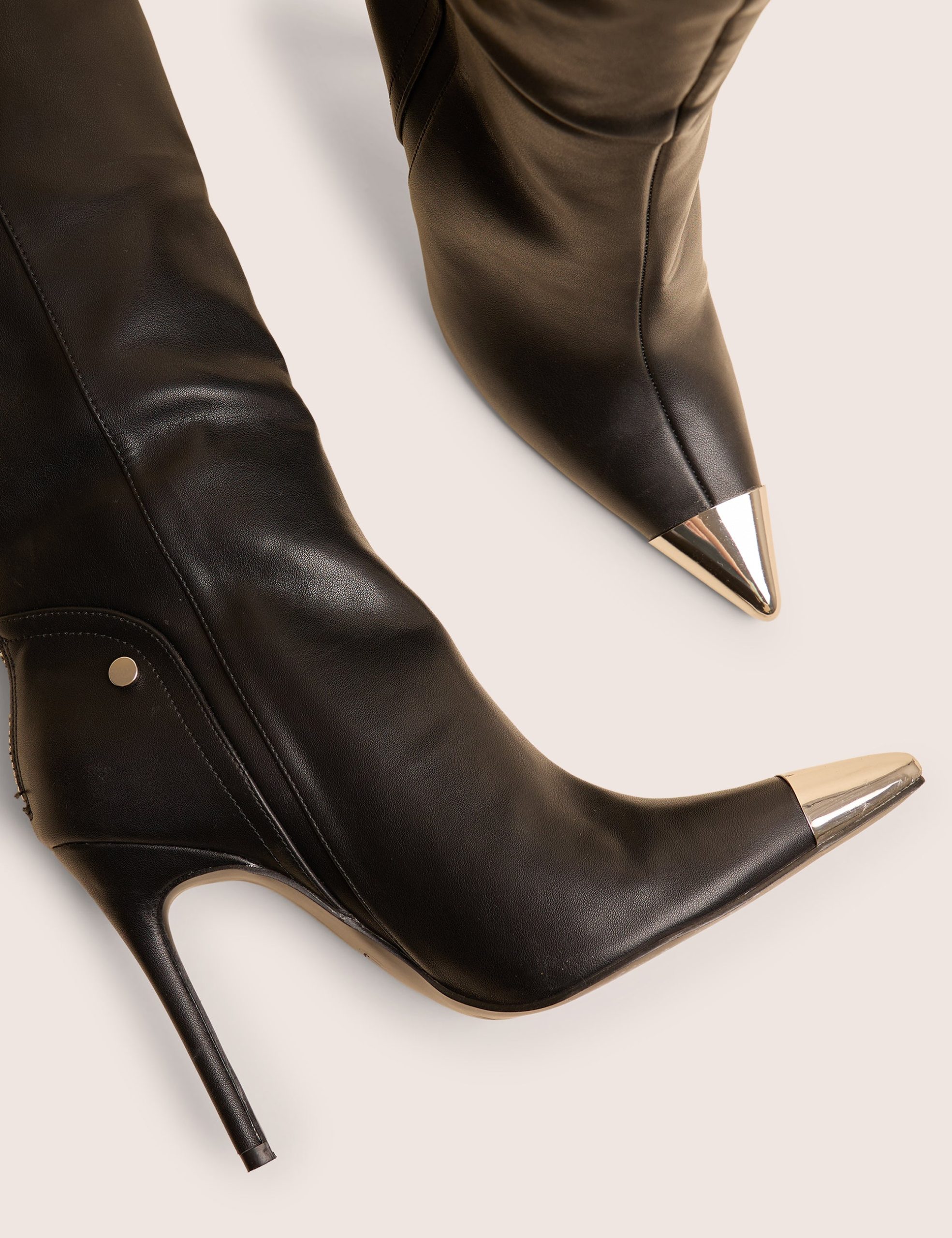 Finest Black Toe Cap Detail Pointed Knee High Boots - Image 5