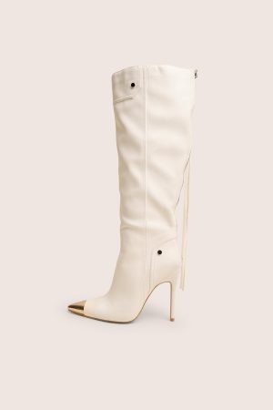 Finest White Toe Cap Detail Pointed Knee High Boots
