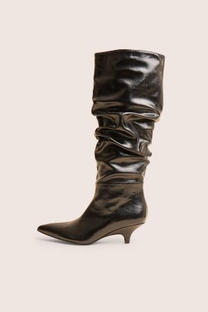 La Dolce Vita Black Ruched Kitten Heel Knee High Boots