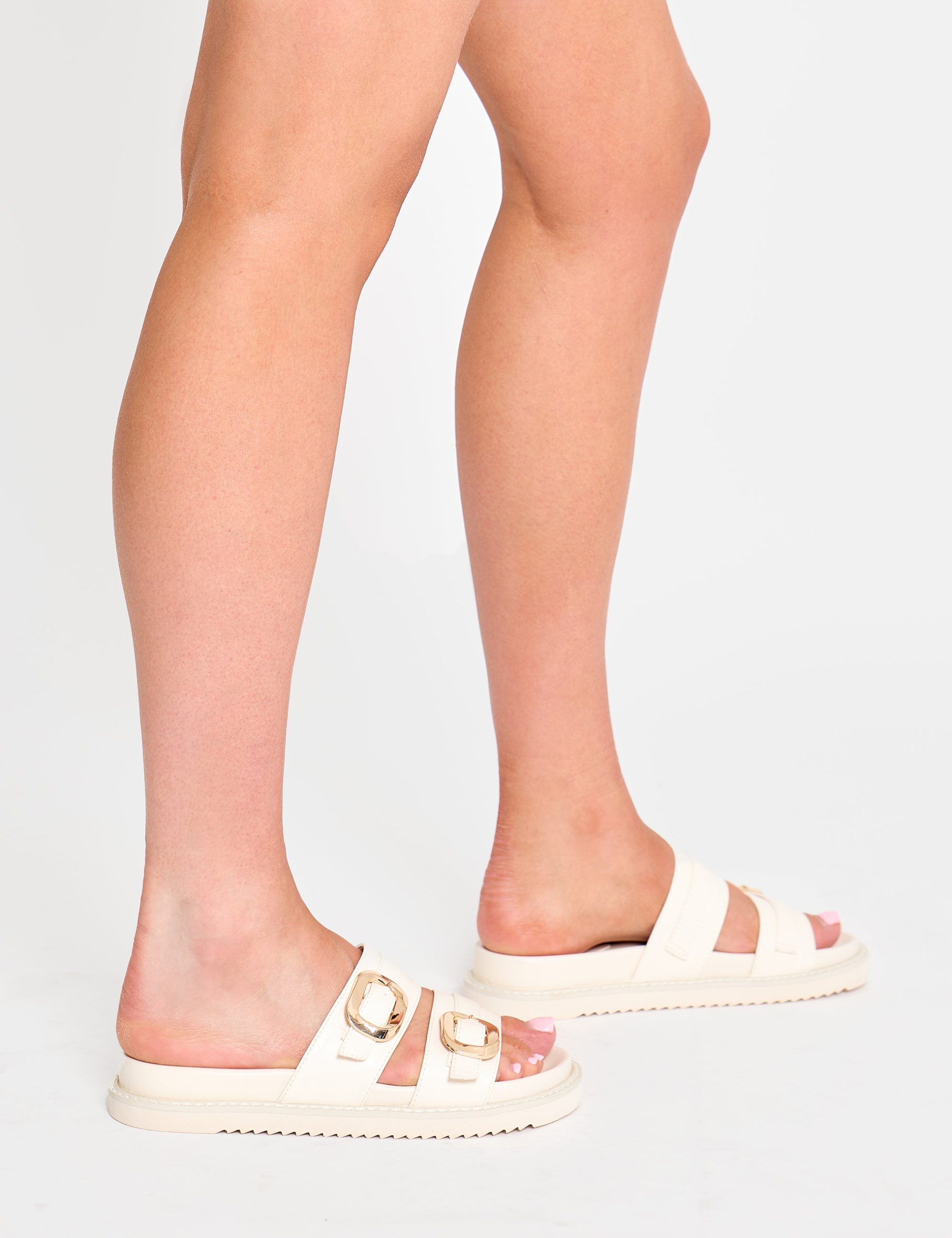 Lapis Cream Pu Buckle Detail Double Strap Slider Sandals - Image 6