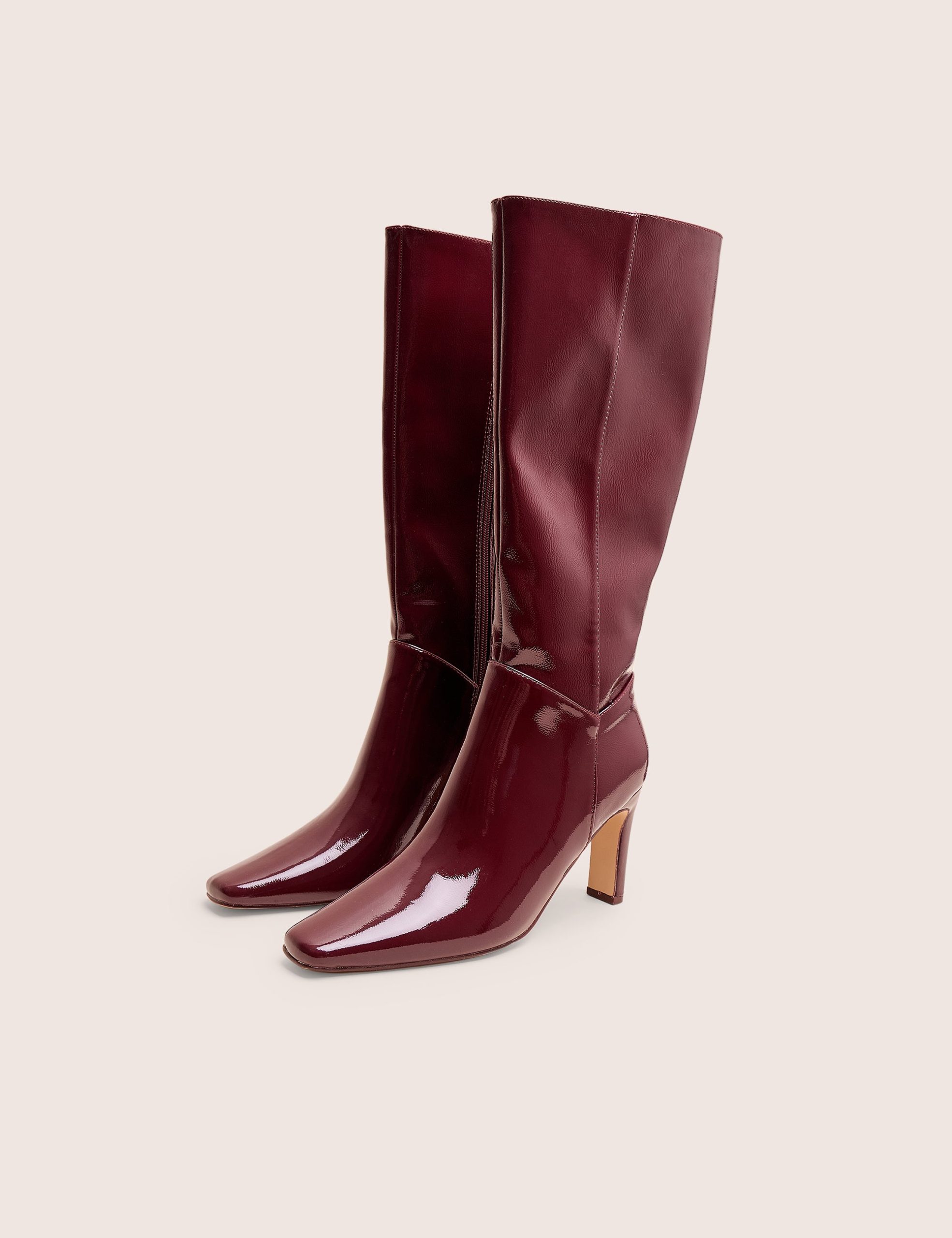 Pose Burgundy Hi Shine Zip Up Knee High Slim Block Heeled Boots - Image 2
