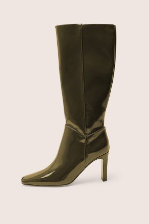 Pose Dark Green Zip Up Knee High Slim Block Heeled Boots