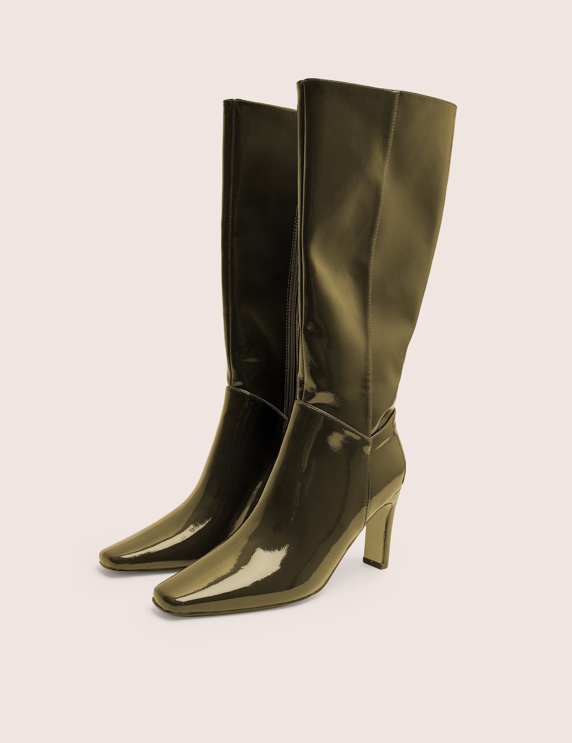 Pose Dark Green Zip Up Knee High Slim Block Heeled Boots - Image 3