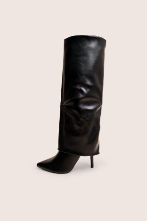 Ralph Black Fold Over Pu Knee High Stiletto Boots