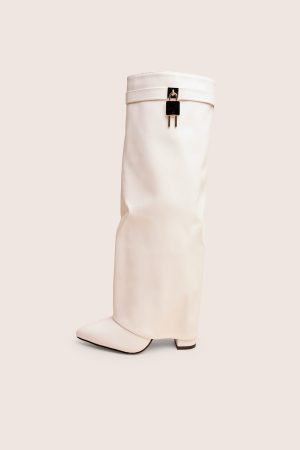 Reese White Fold Over Pu Knee High Boots