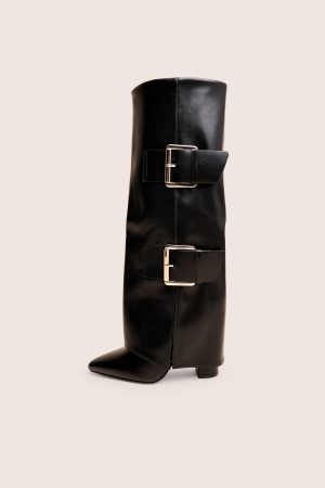 River Black Double Buckle Detail Pu High Knee Boots