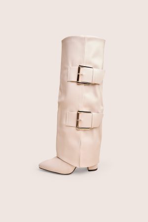 River Ecru Double Buckle Detail Pu High Knee Boots