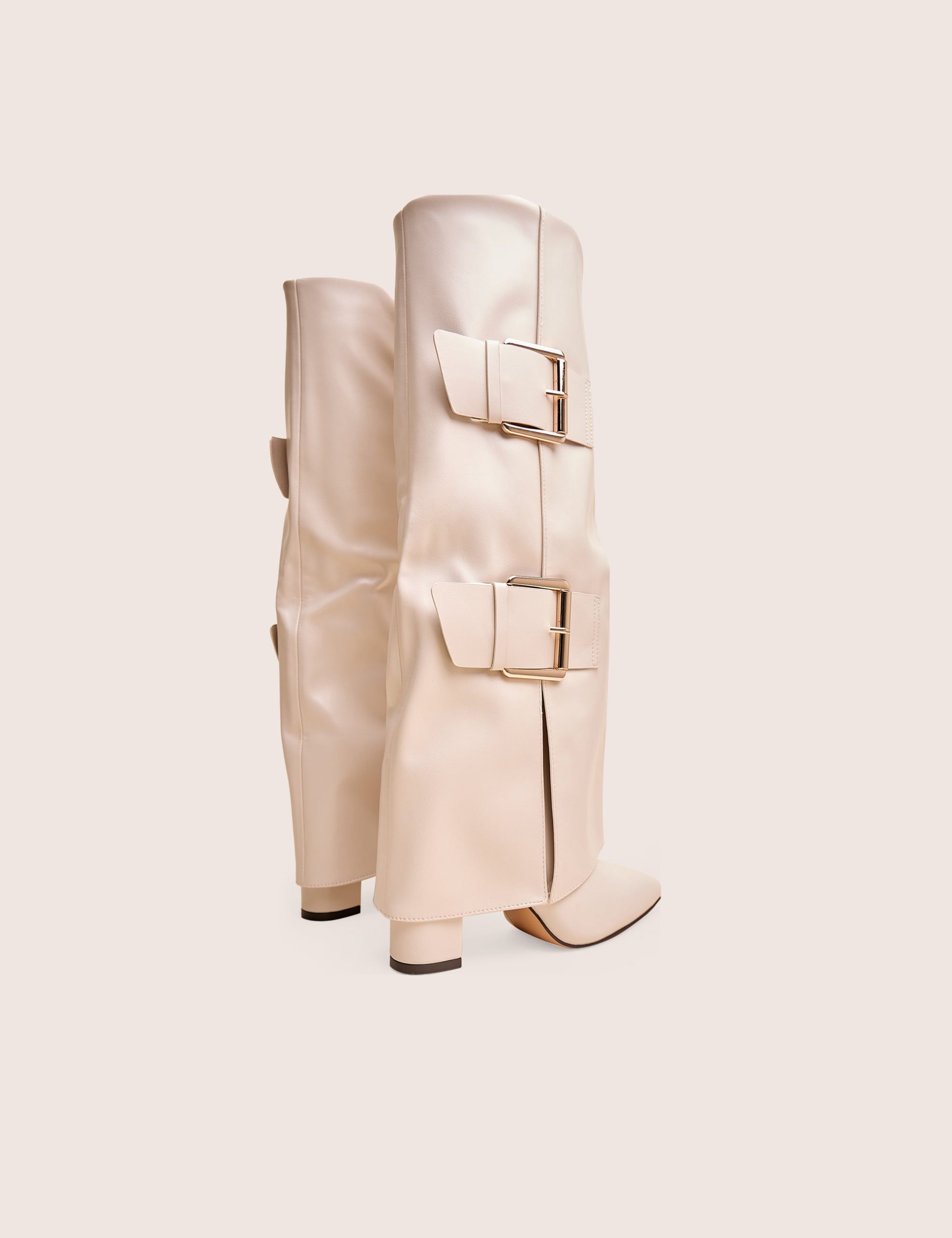 River Ecru Double Buckle Detail Pu High Knee Boots - Image 2