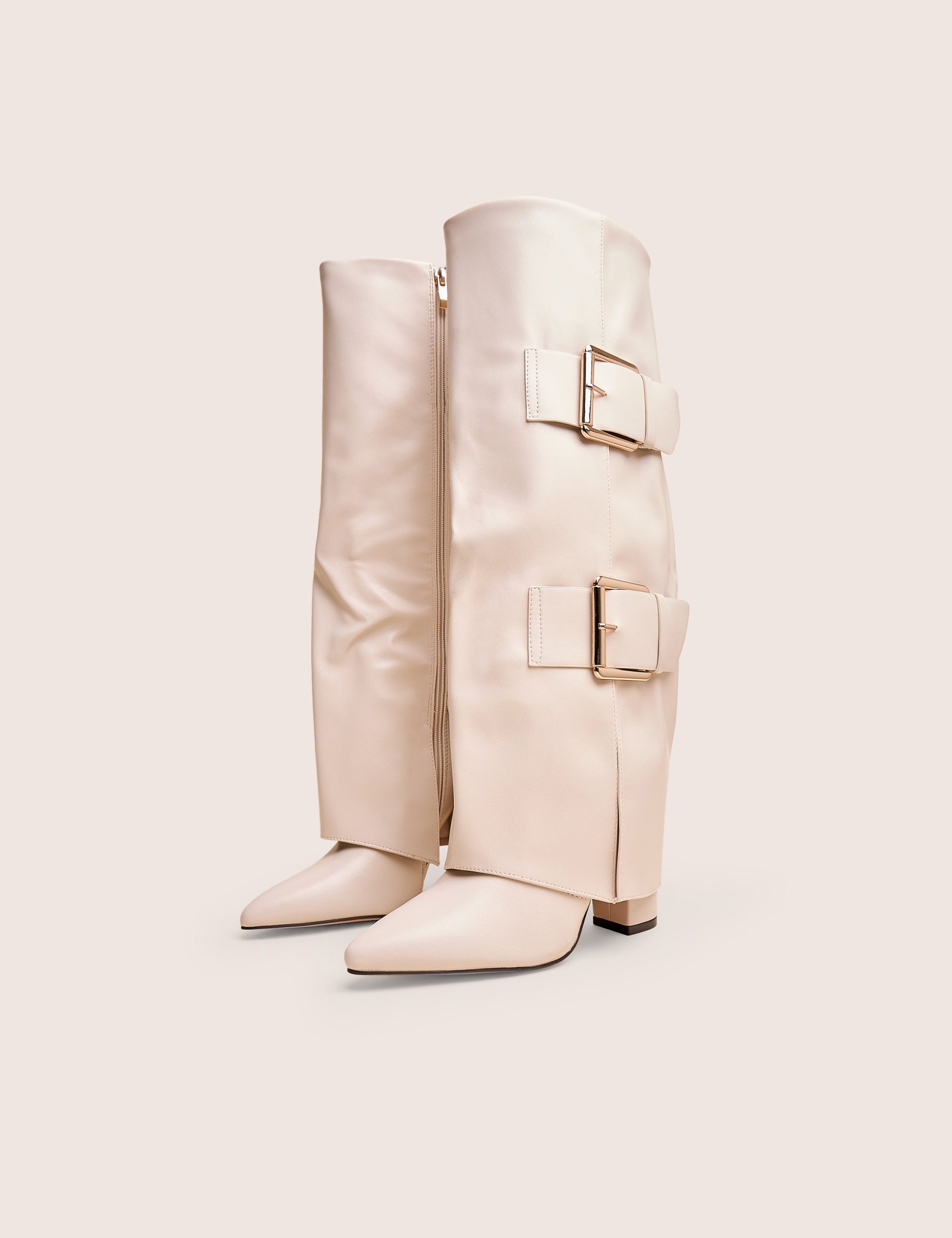 River Ecru Double Buckle Detail Pu High Knee Boots - Image 3