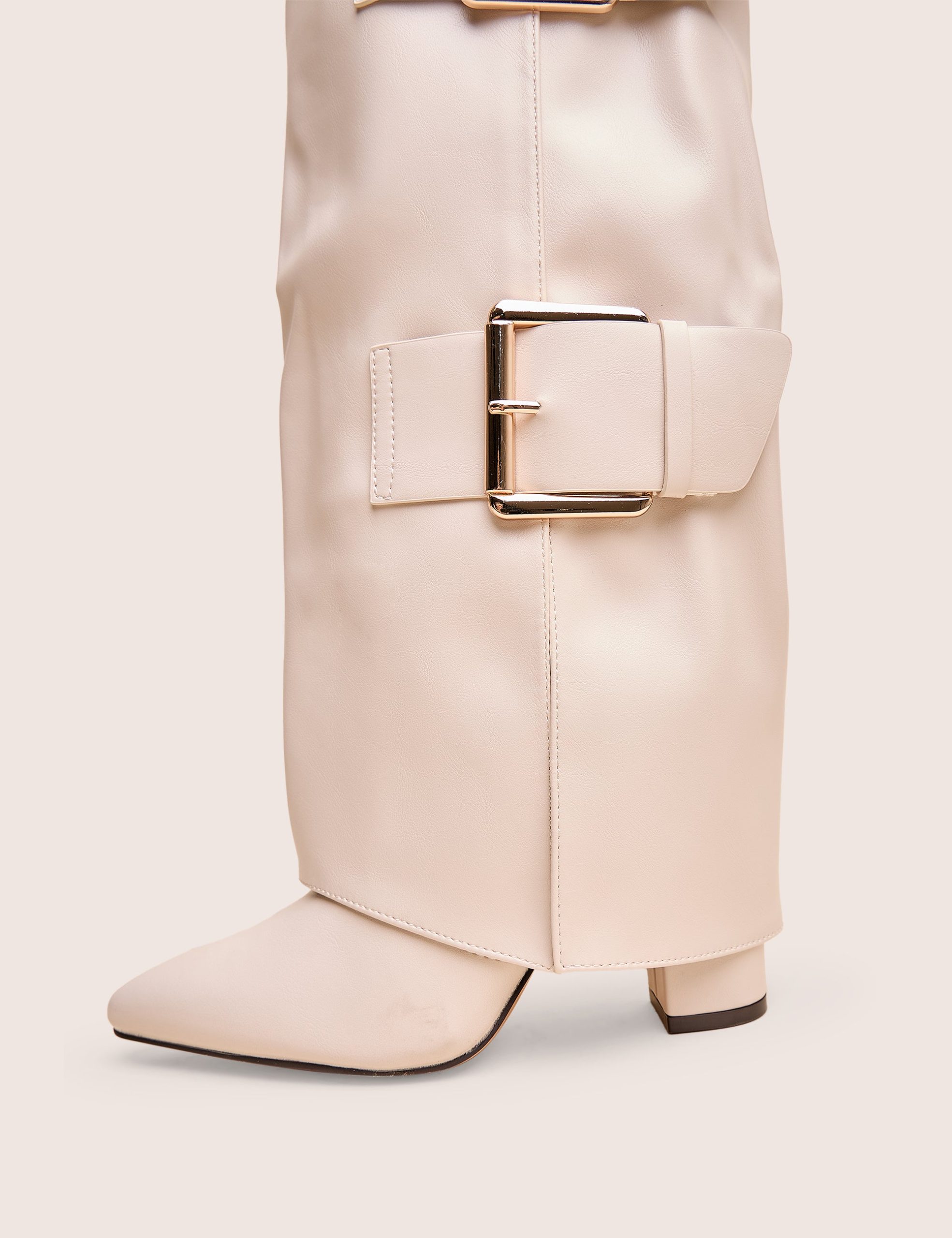 River Ecru Double Buckle Detail Pu High Knee Boots - Image 4