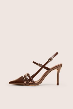 Sushi Brown Patent Buckle Detail Slingback Court Shoes