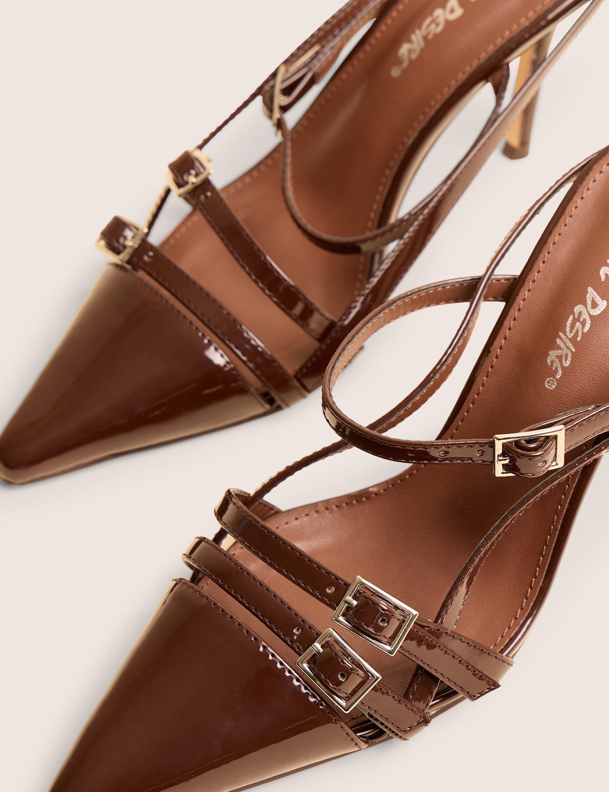 Sushi Brown Patent Buckle Detail Slingback Court Shoes - Image 6