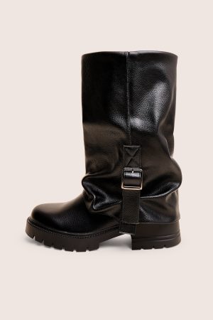 Terry Black Fold Over Buckle Detail Ankle Boots