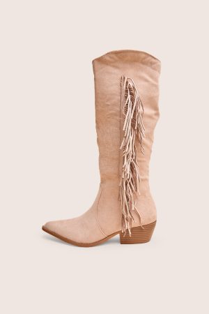 Tucker Beige Faux Suede Knee High Tassle Detail Western Boots