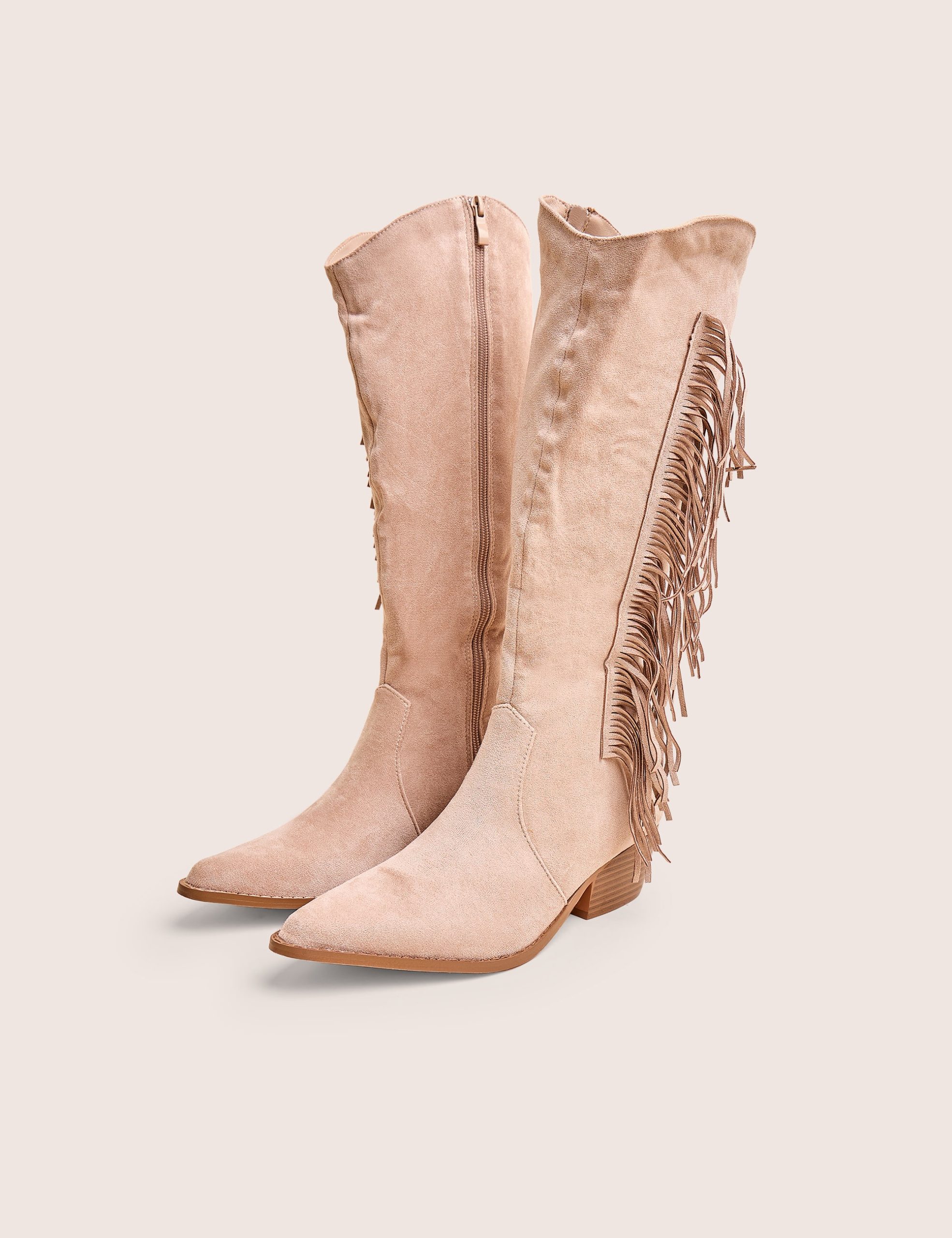 Tucker Beige Faux Suede Knee High Tassle Detail Western Boots - Image 2