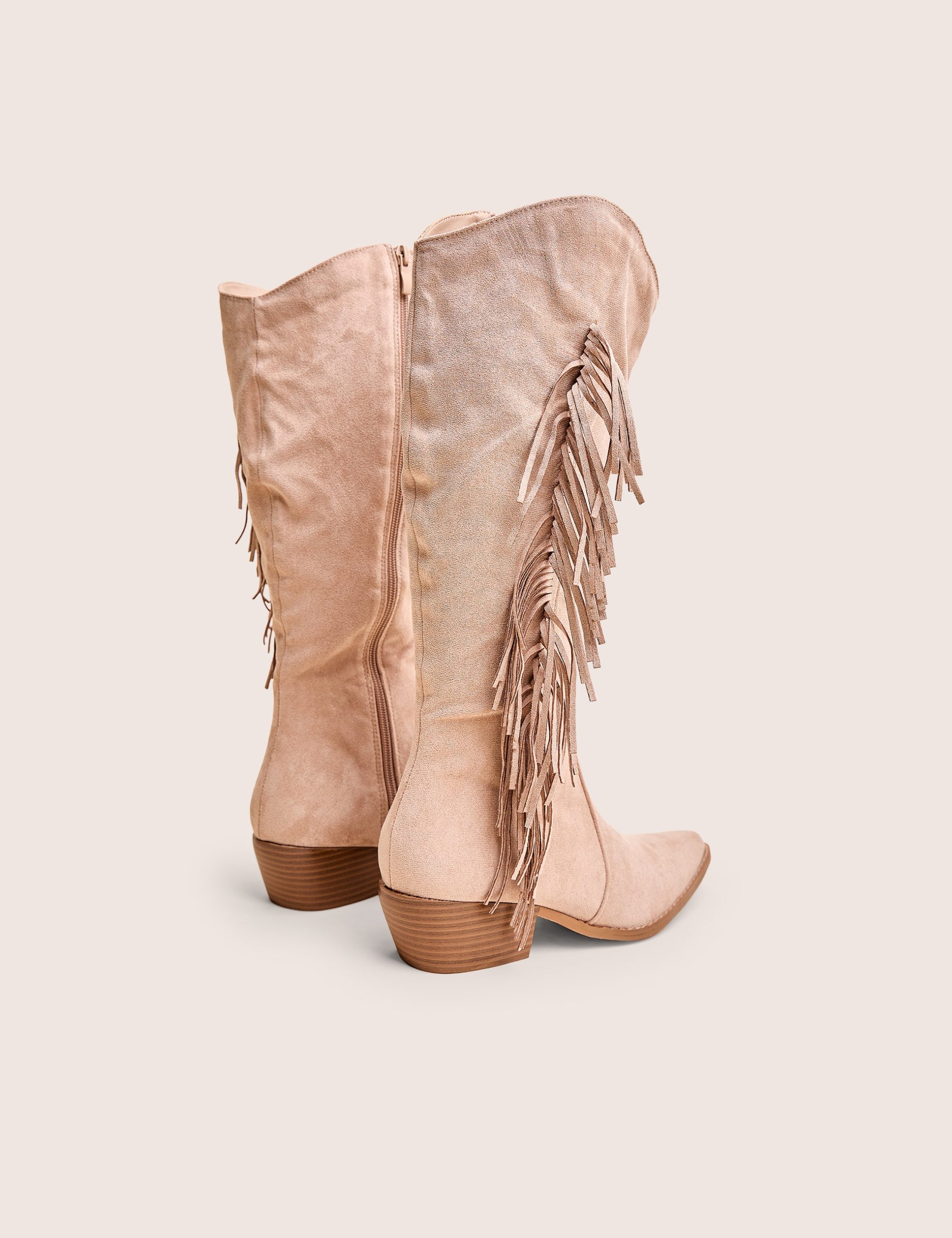Tucker Beige Faux Suede Knee High Tassle Detail Western Boots - Image 3